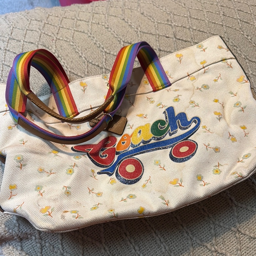 Multicolored Coach White Tote Bag with Rainbow Strap (gently used)
